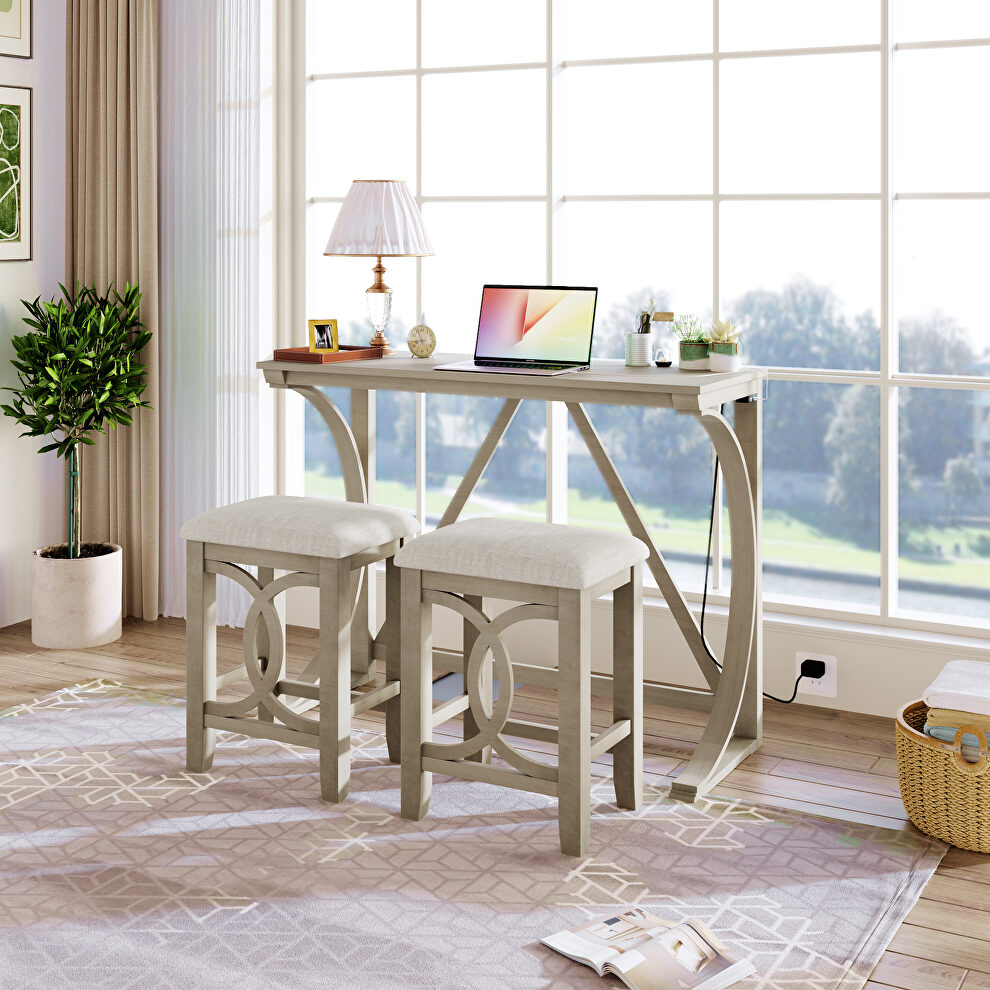 Farmhouse 3-piece counter height dining table set with usb port and upholstered stools in cream by La Spezia