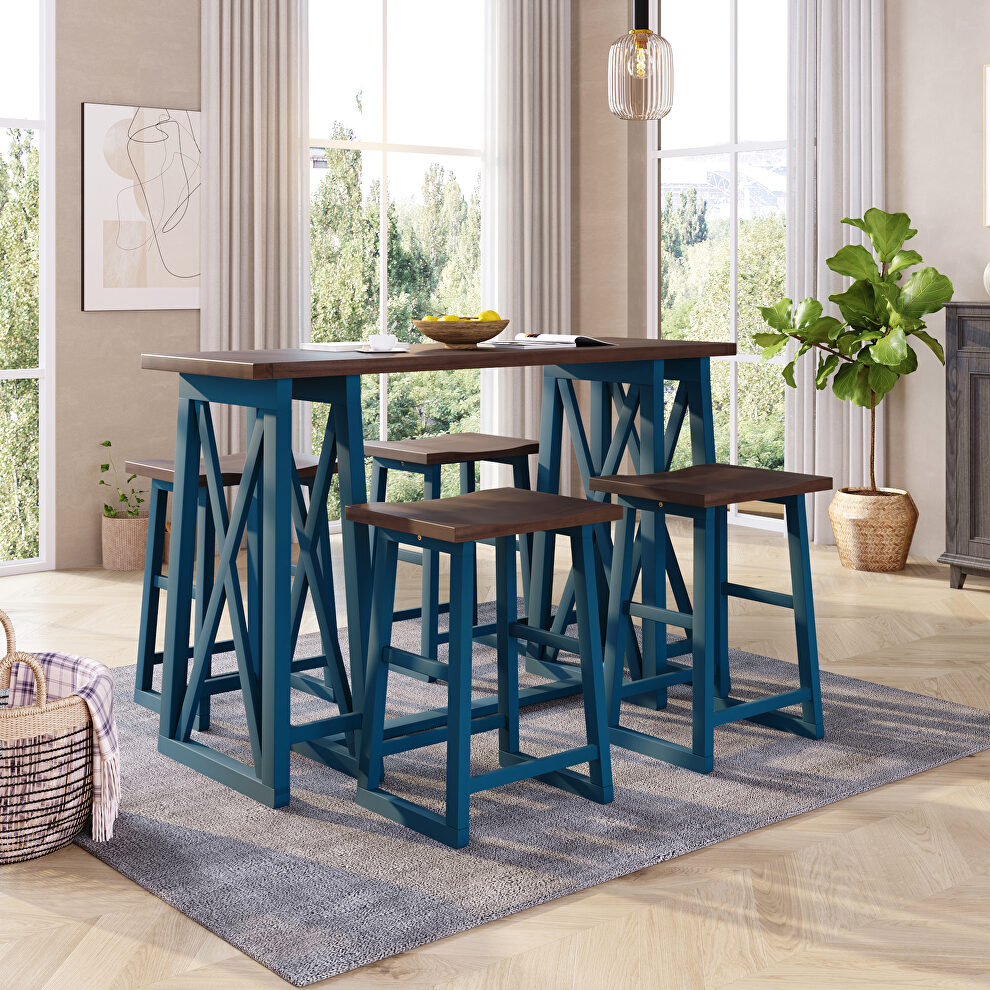 Walnut and blue wood counter height 5-piece dining set: table with 4 stools by La Spezia