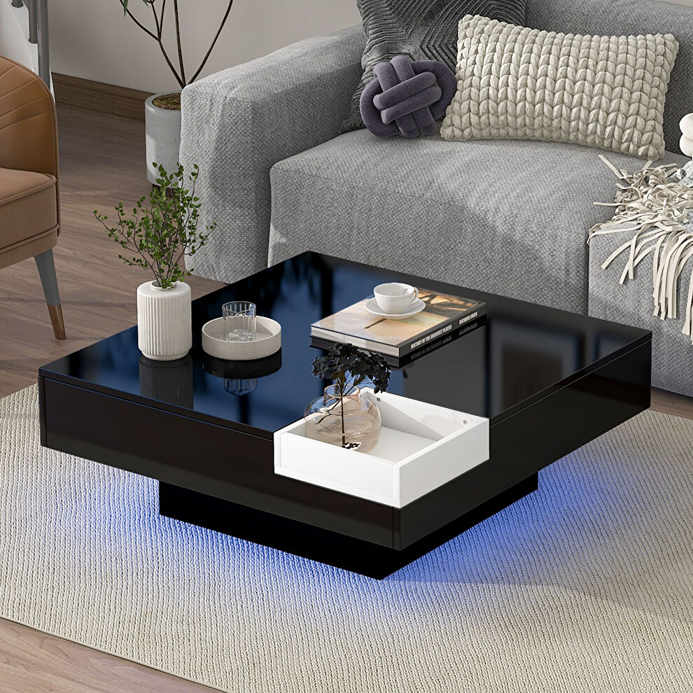 Black modern minimalist design square coffee table with detachable tray and led by La Spezia