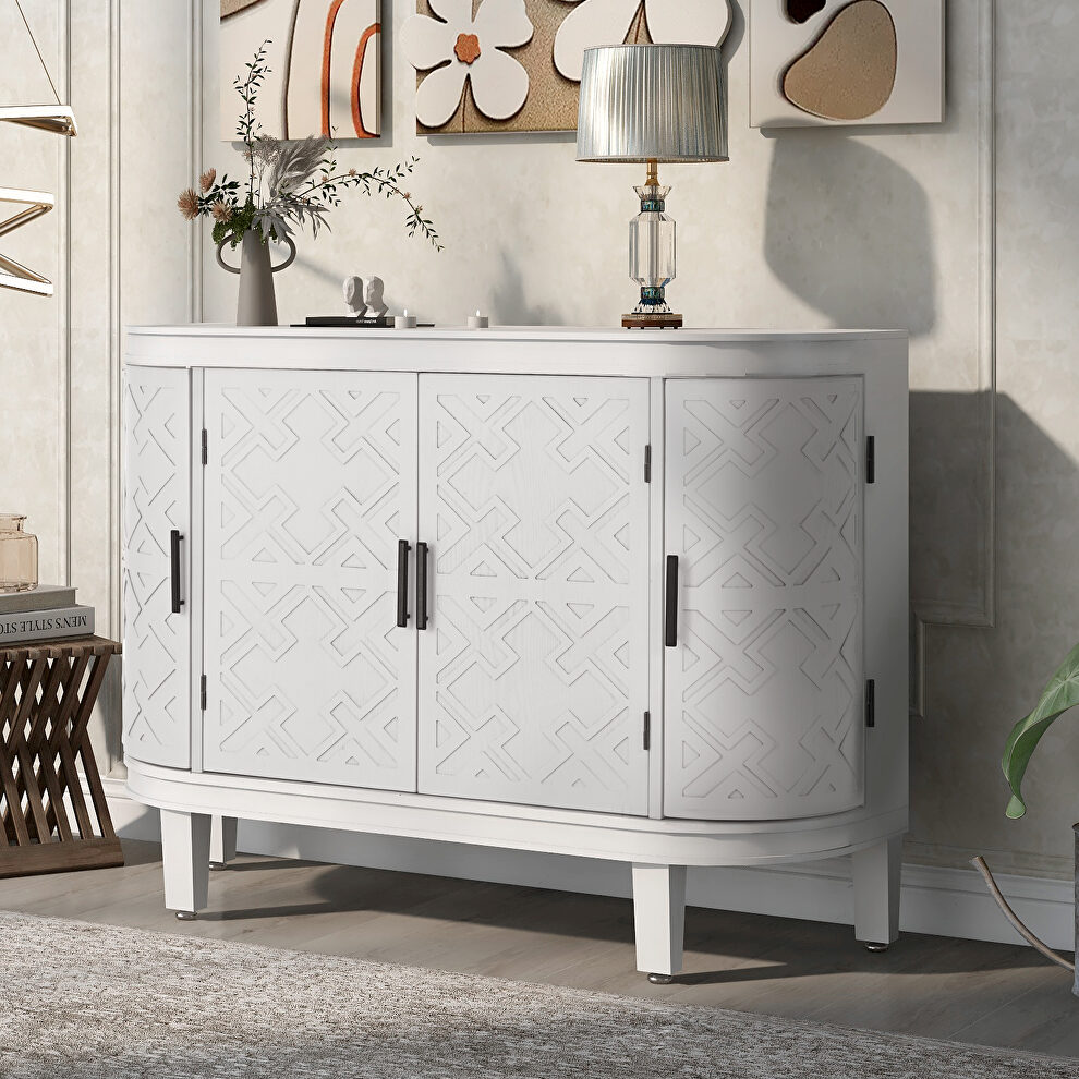 White wooden u-style accent storage cabinet with antique pattern doors by La Spezia