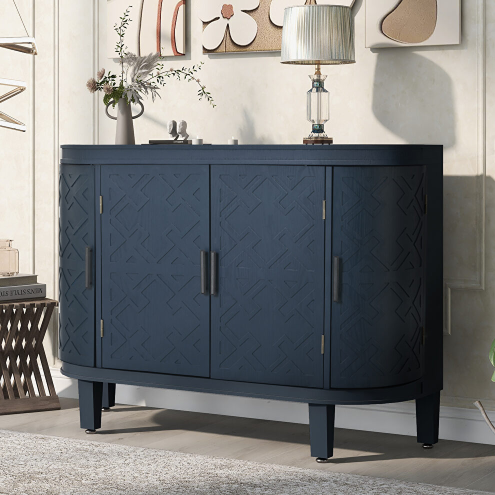 Navy blue wooden u-style accent storage cabinet with antique pattern doors by La Spezia