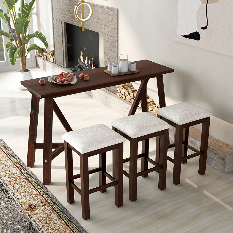 Dark walnut dining bar table set with 3 upholstered stools in cream by La Spezia