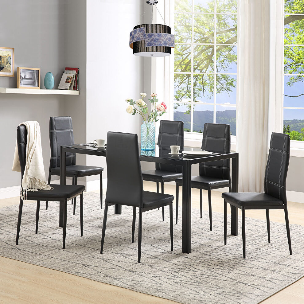 7 piece kitchen dining set, glass table top with 6 leather chairs by La Spezia