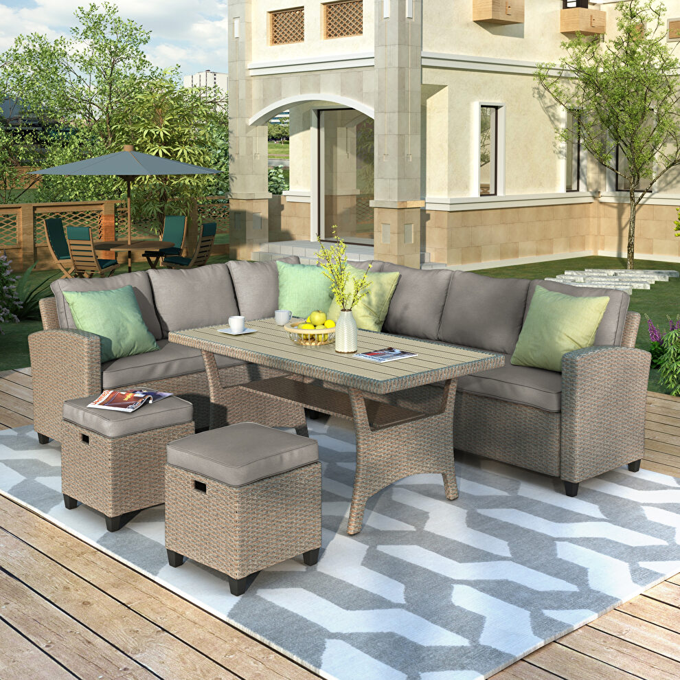 5 piece outdoor conversation set all weather wicker sectional sofa couch dining table chair with ottoman by La Spezia