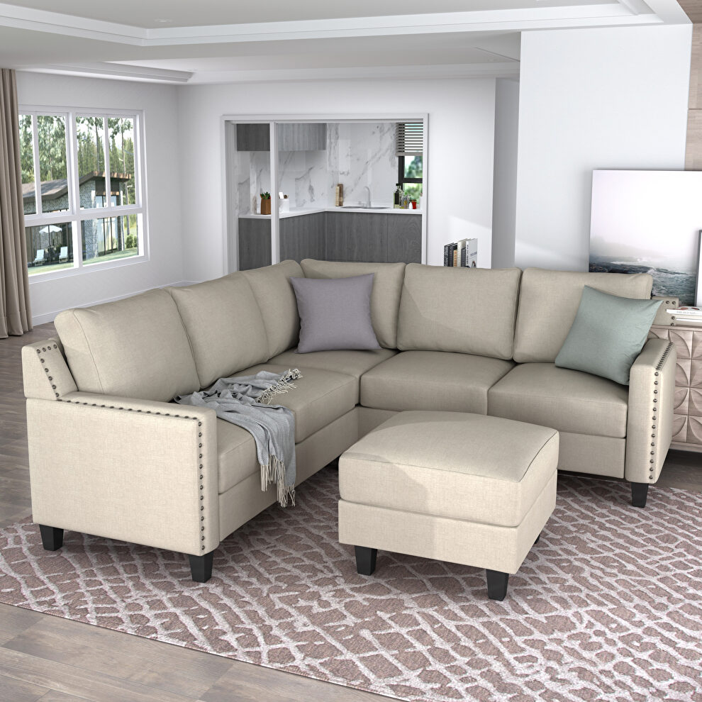 U_style 2 piece rivet beige linen-like fabric upholstered set with cushions by La Spezia