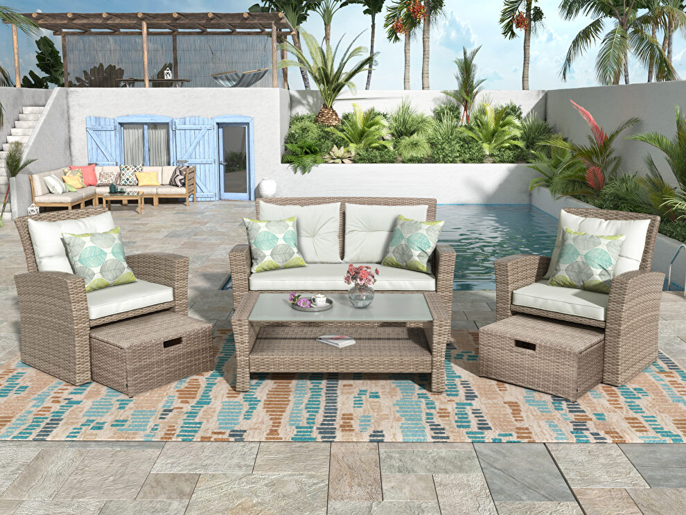 U-style patio furniture 4 piece wicker conversation set w/ beige cushions by La Spezia