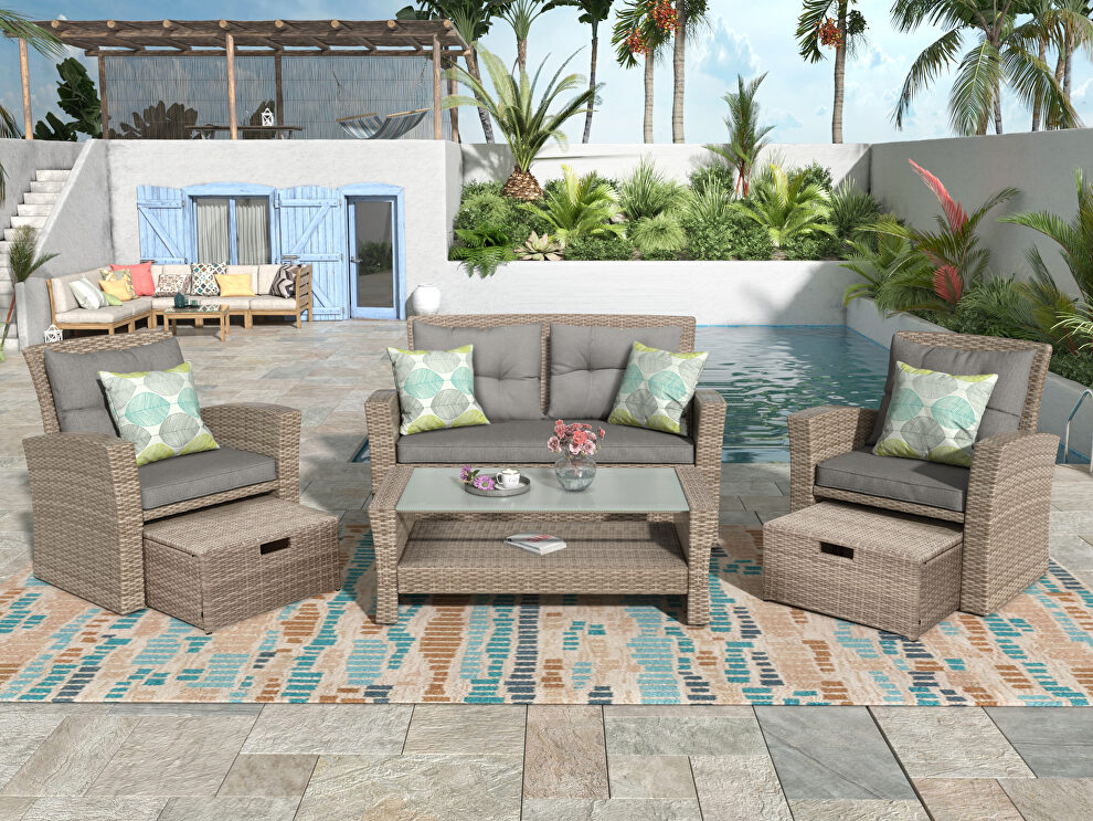 U-style patio furniture 4 piece wicker conversation set w/ gray cushions by La Spezia