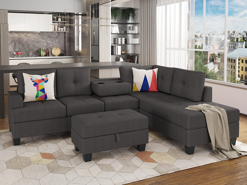 Dark gray l-shape sofa sectional matching storage ottoman and cup holders by La Spezia