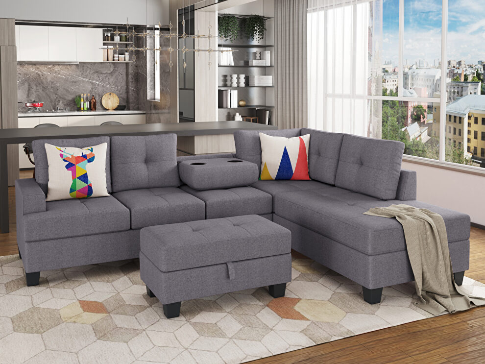 Gray l-shape sofa sectional matching storage ottoman and cup holders by La Spezia