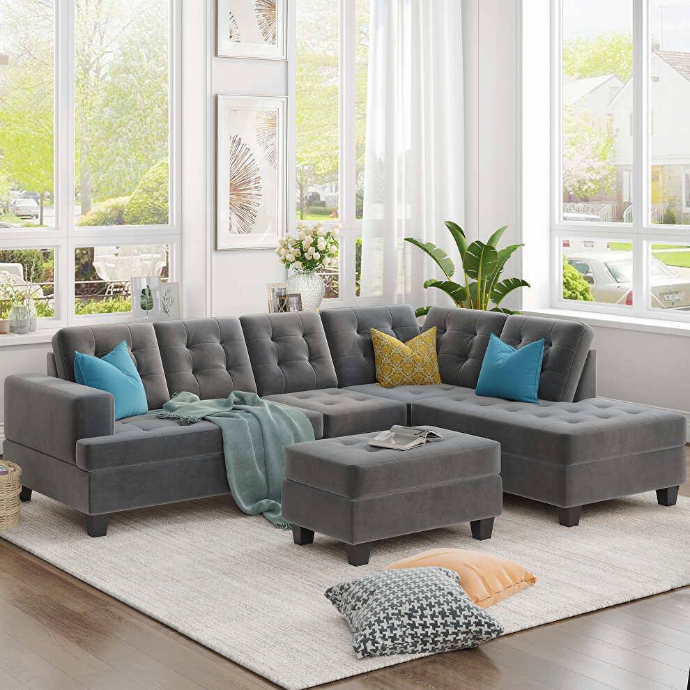 U-style gray fabric upholstery sectional sofa with storage ottoman by La Spezia