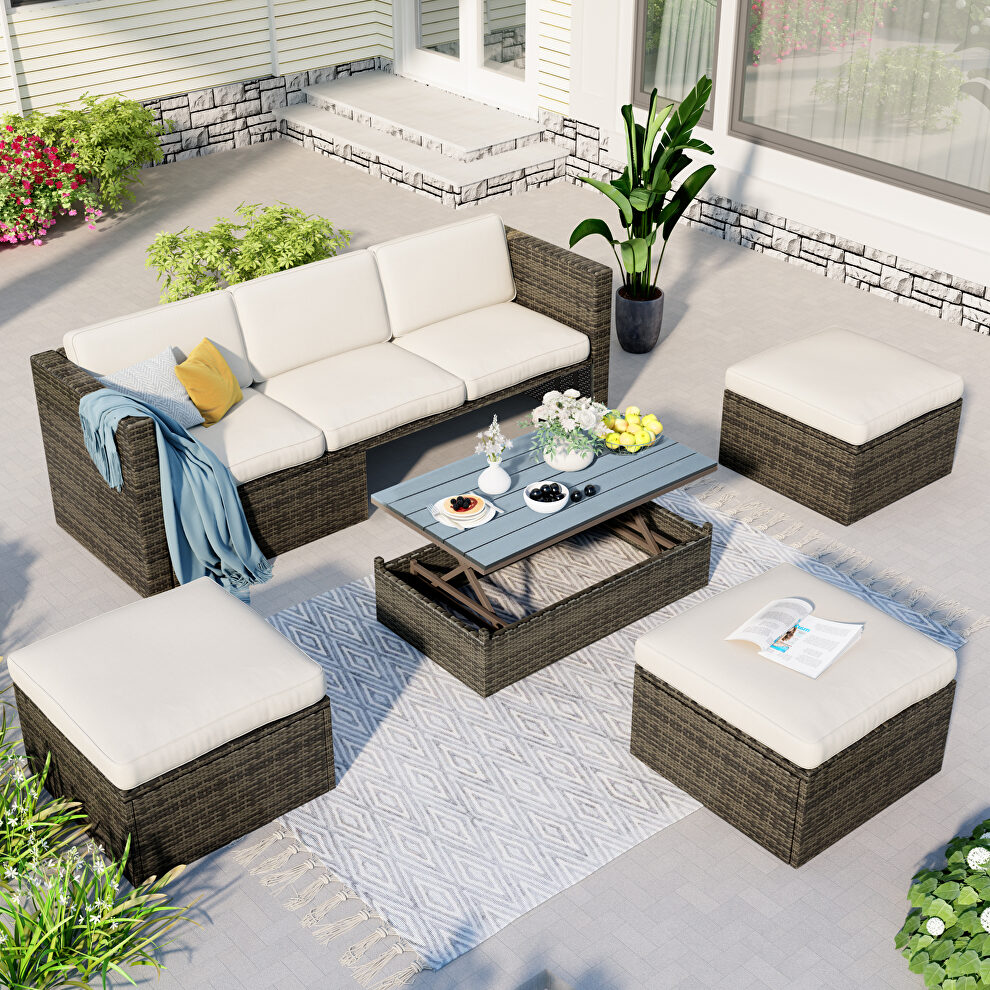 U_style 5-piece patio wicker set sofa with adustable backrest beige cushions ottomans and lift top coffee table by La Spezia