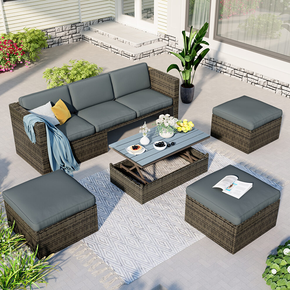 U_style 5-piece patio wicker set sofa with adustable backrest gray cushions ottomans and lift top coffee table by La Spezia