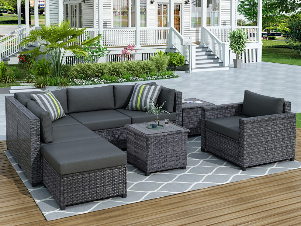 U_style 8-piece rattan sectional seating group with gray cushions by La Spezia