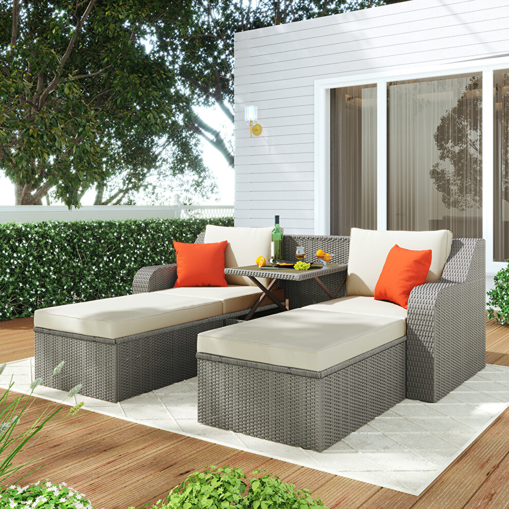 U_style 3-piece patio wicker sofa set with beige cushions pillows ottomans and lift top coffee table by La Spezia