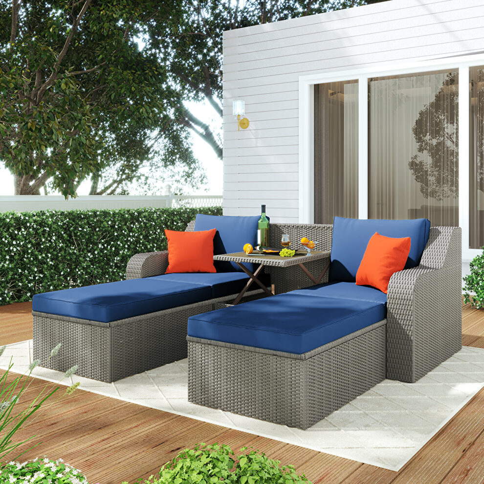 U_style 3-piece patio wicker sofa set with blue cushions pillows ottomans and lift top coffee table by La Spezia