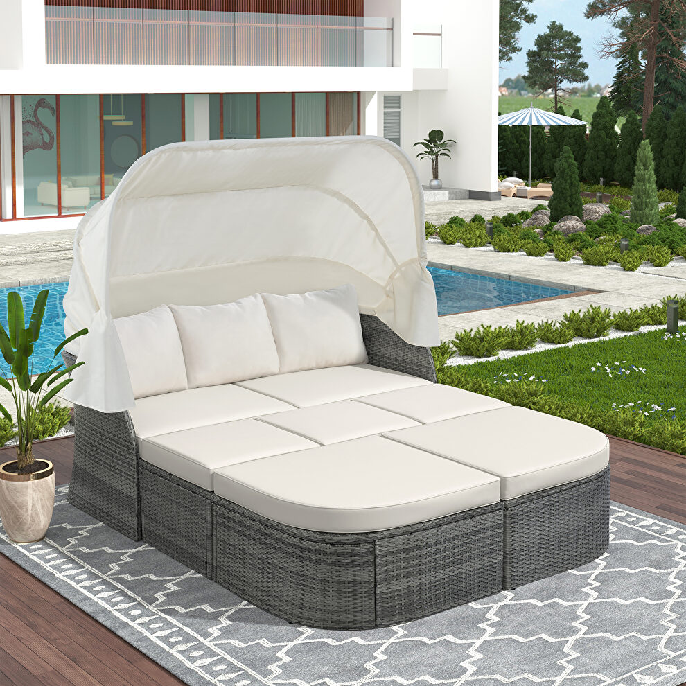 U_style outdoor patio wicker furniture set sunbed with beige cushions by La Spezia