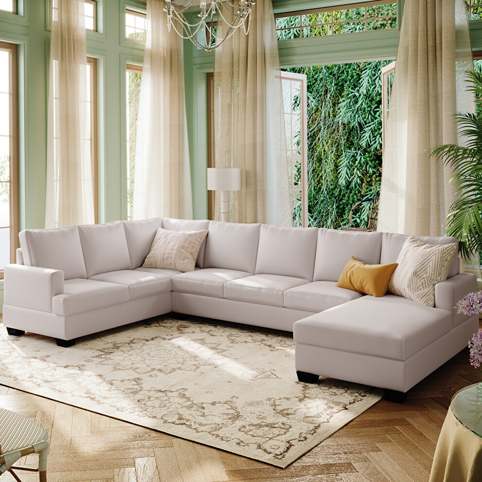 Beige fabric u-style modern large sectional sofa with extra wide chaise by La Spezia