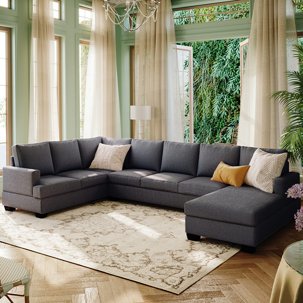 Gray fabric u-style modern large sectional sofa with extra wide chaise by La Spezia