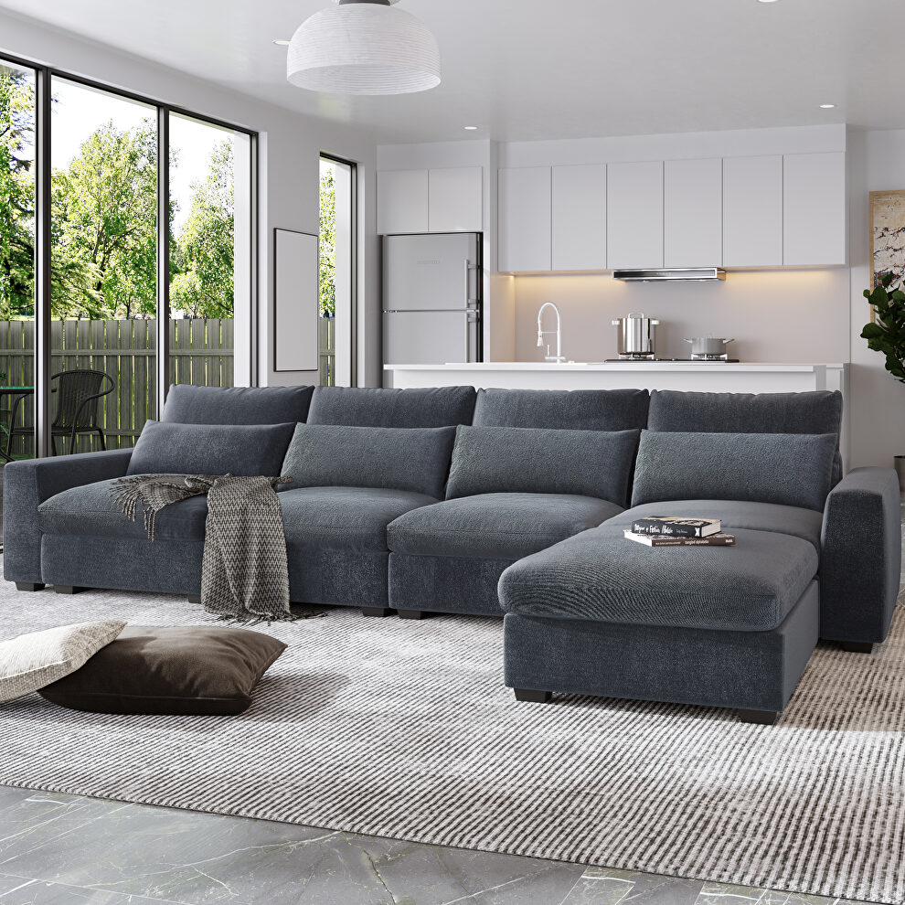 Dark gray linen u-style feather filled sectional sofa with reversible chaise by La Spezia