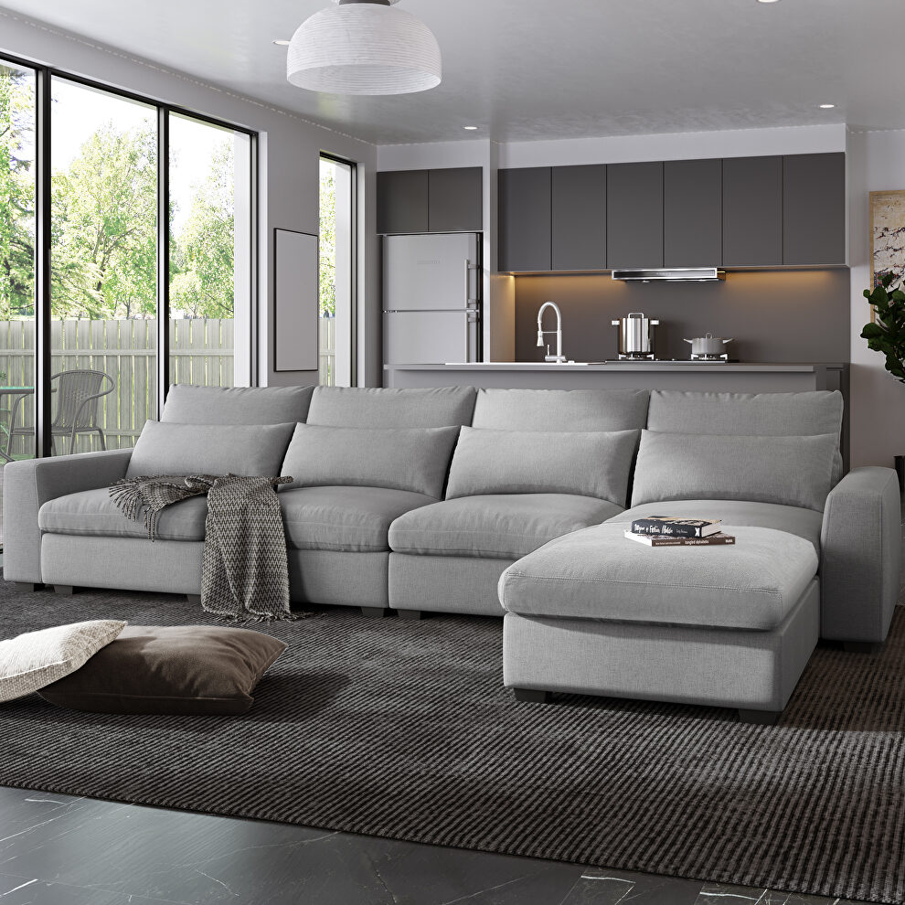 Light gray linen u-style feather filled sectional sofa with reversible chaise by La Spezia
