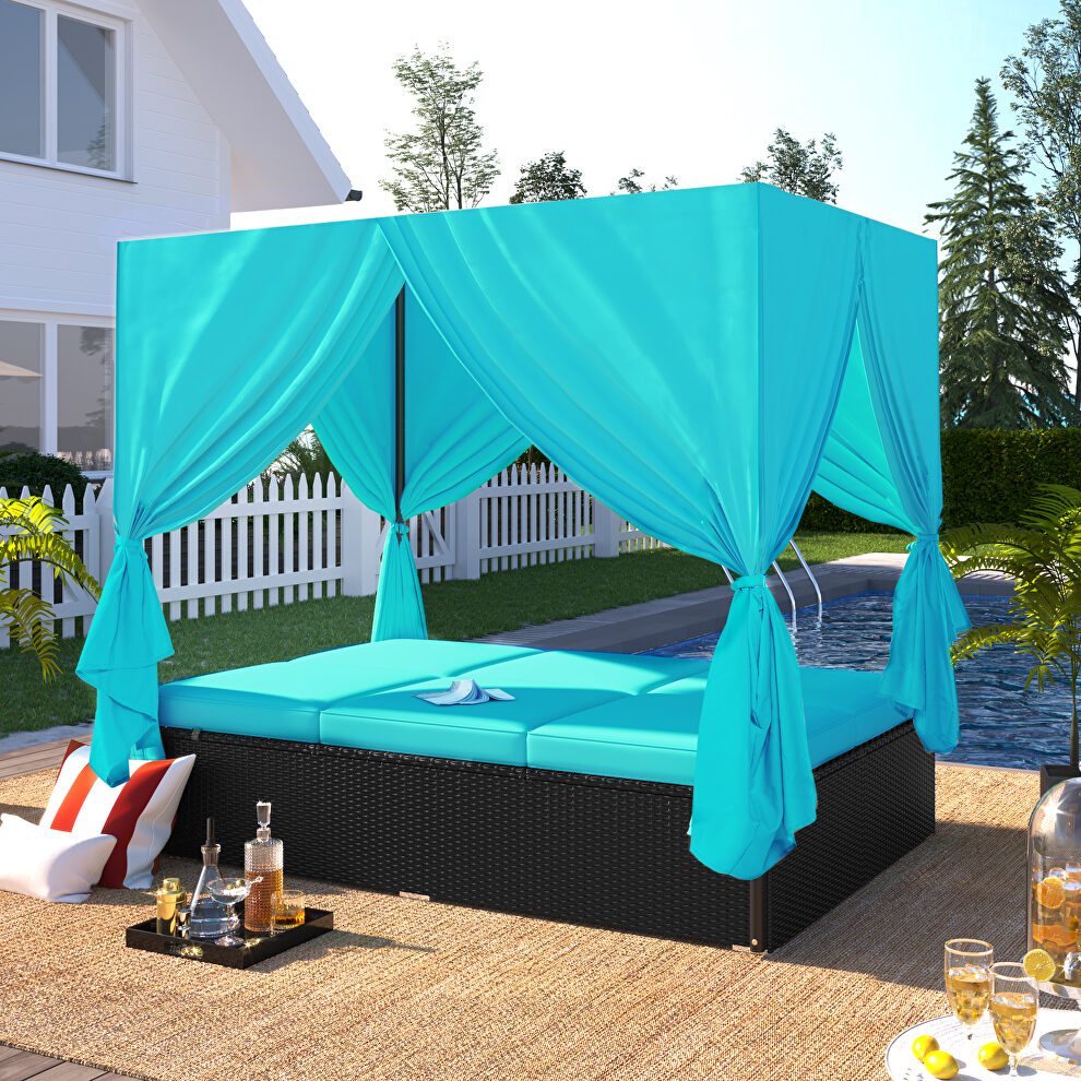 U_style outdoor patio wicker sunbed daybed with blue cushions and adjustable seats by La Spezia