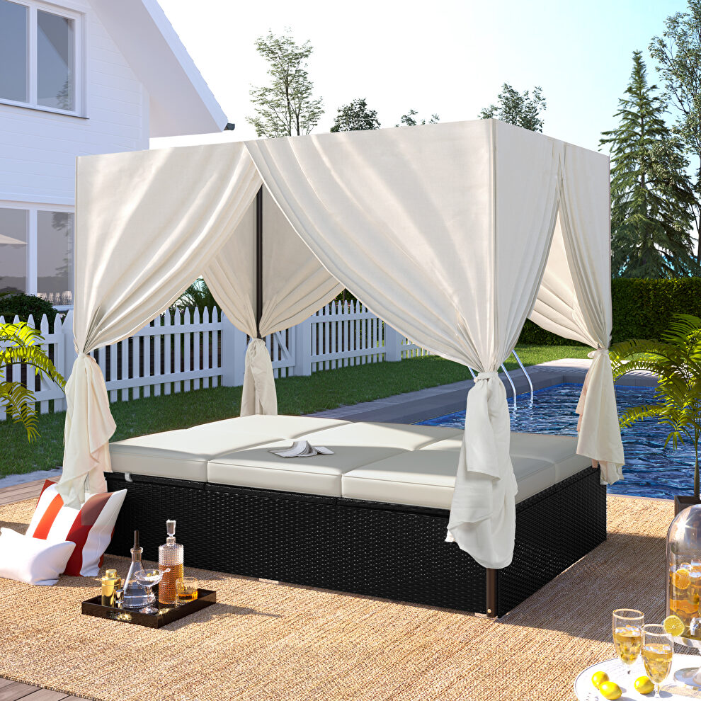 U_style outdoor patio wicker sunbed daybed with beige cushions and adjustable seats by La Spezia