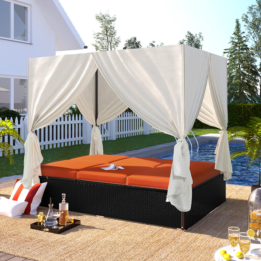 U_style outdoor patio wicker sunbed daybed with orange cushions and adjustable seats by La Spezia