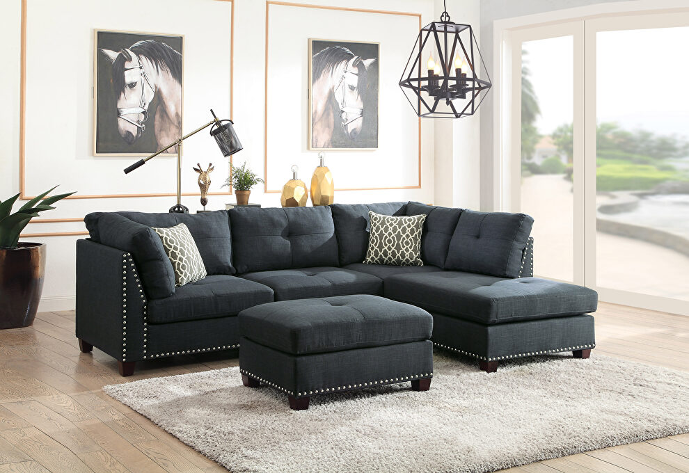 Dark blue linen sectional sofa and ottoman by La Spezia