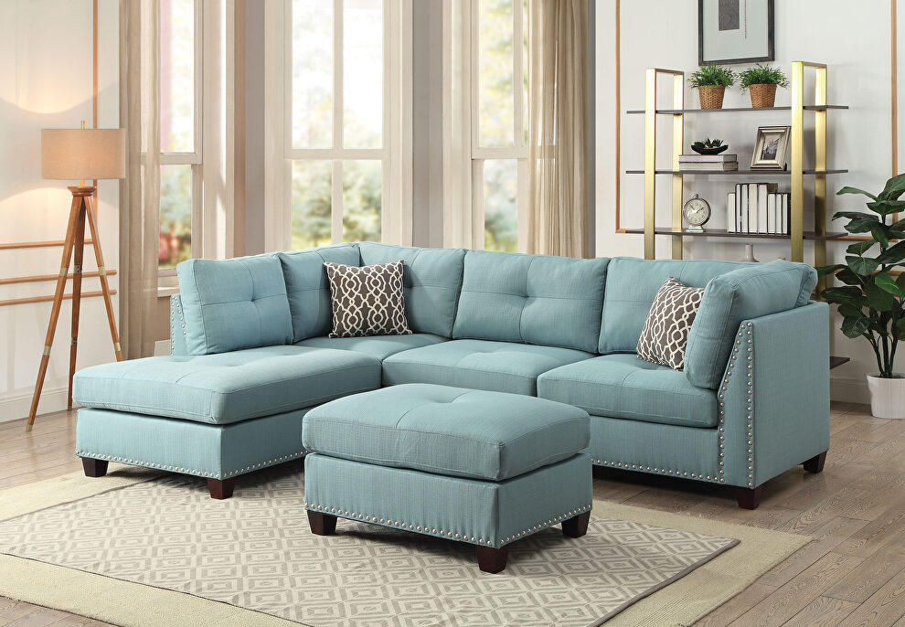Light teal linen sectional sofa and ottoman by La Spezia