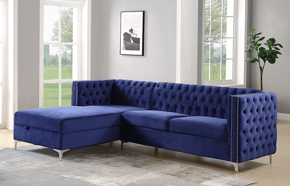 Navy blue velvet left facing sectional sofa by La Spezia