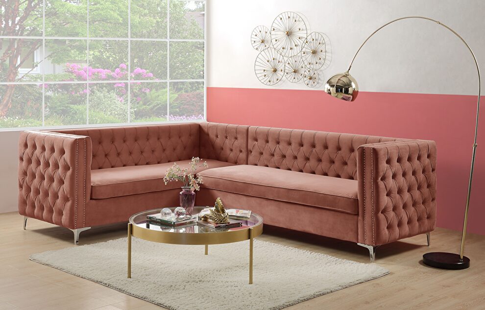 Dusty pink velvet button tufting sectional sofa by La Spezia