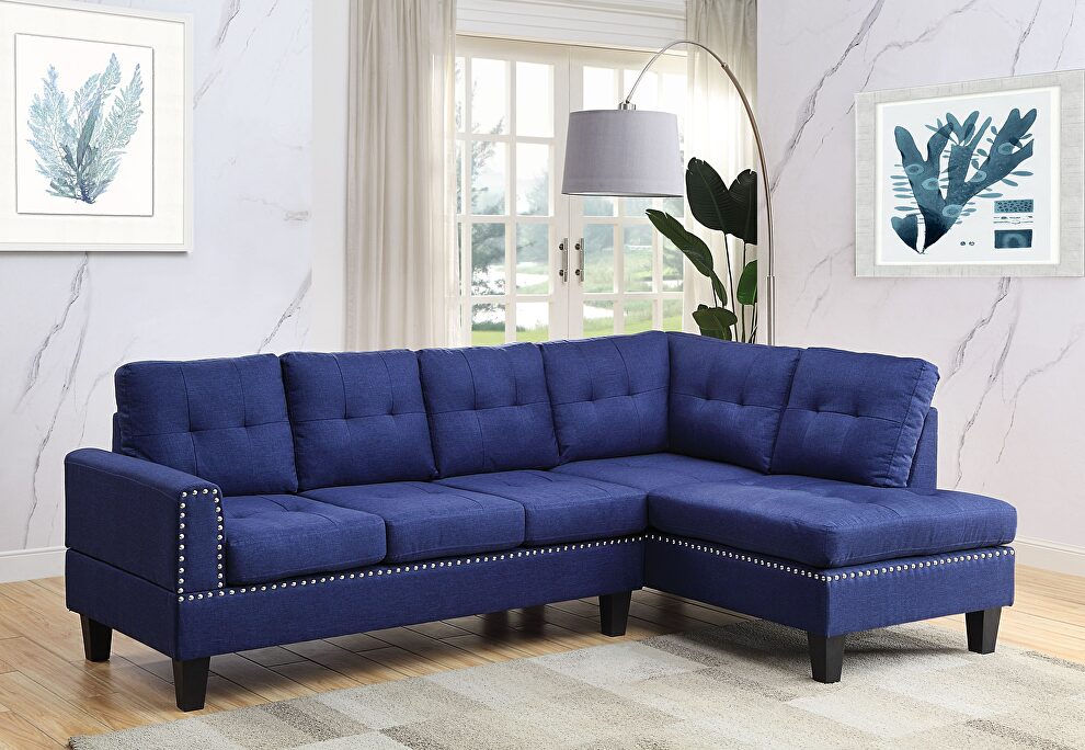 Blue linen right facing sectional sofa by La Spezia