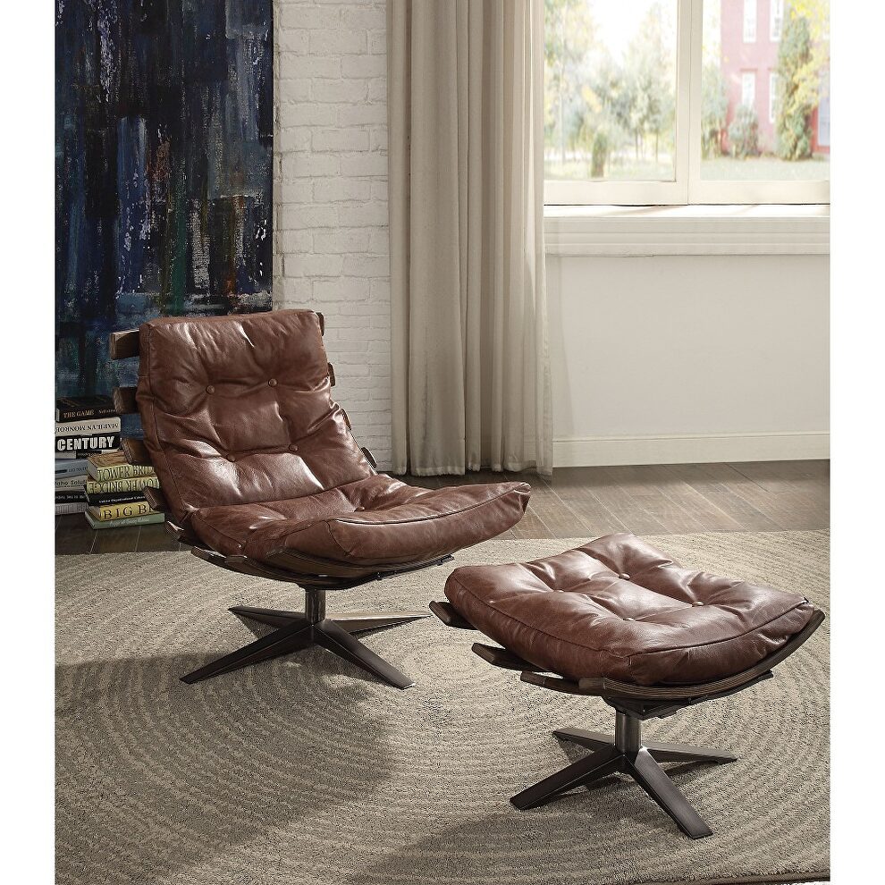 Antique brown top grain leather chair and ottoman by La Spezia