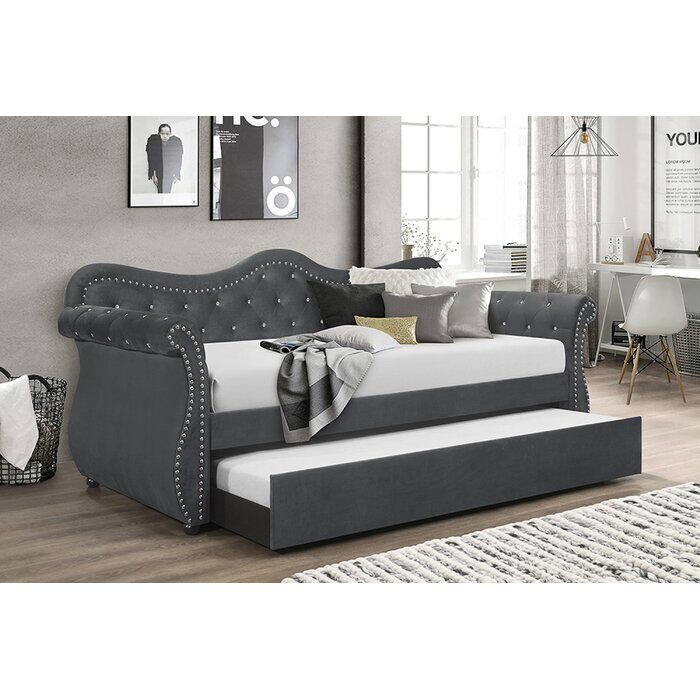Upholstered velvet wood daybed with trundle in gray by La Spezia