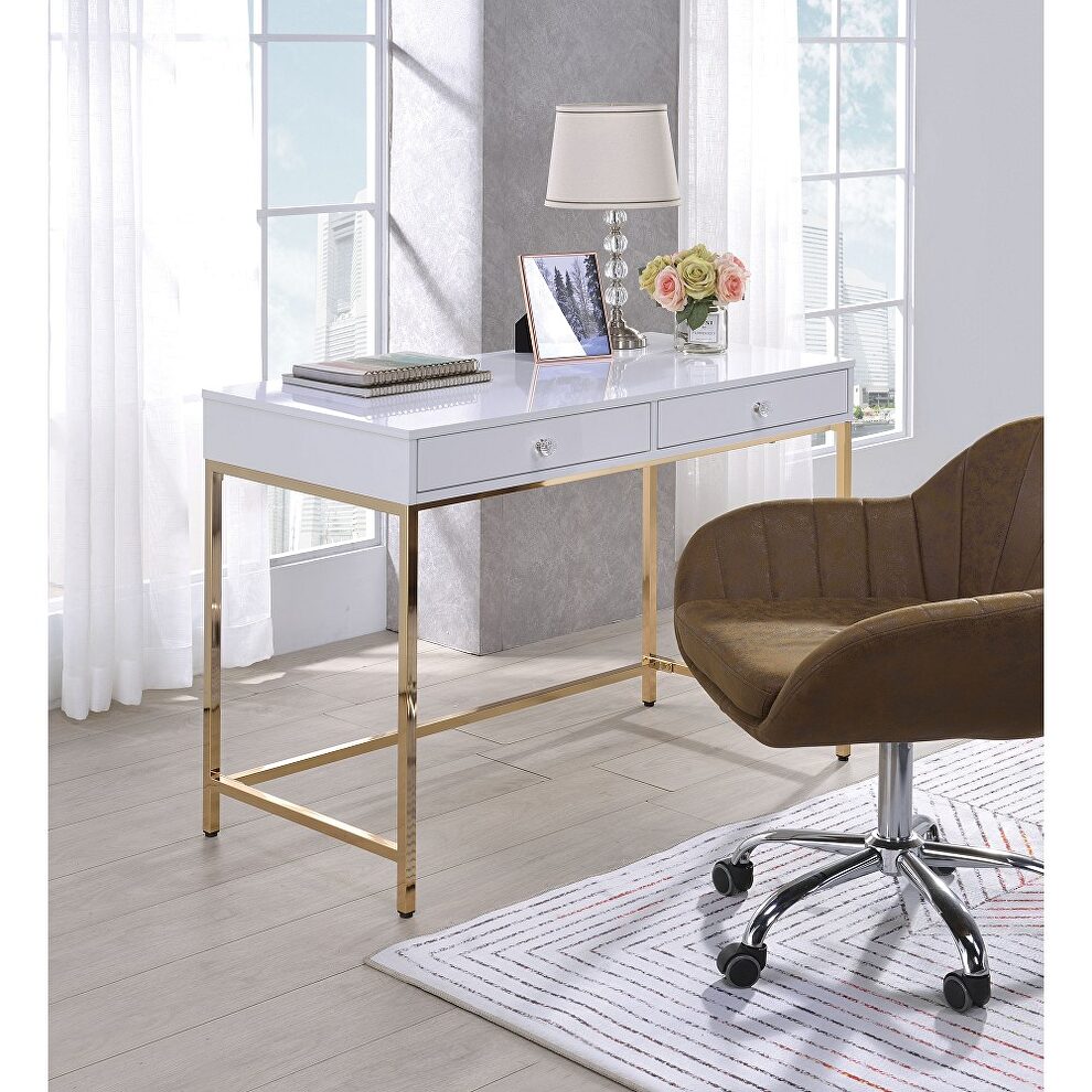 White high gloss finish with a gold metal base desk by La Spezia