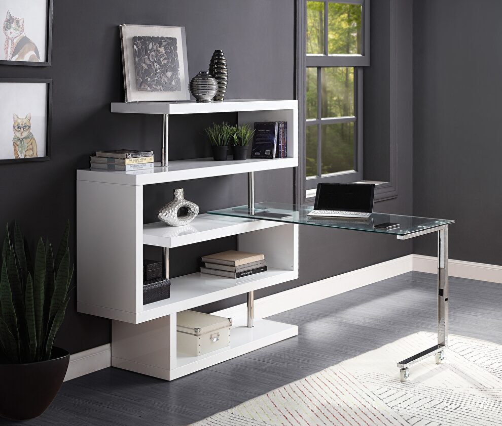 Clear glass top and white/ chrome finish writing desk with shelf by La Spezia