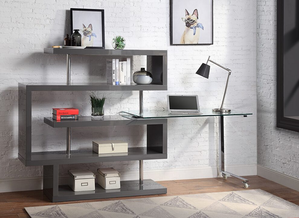 Clear glass top and gray/ chrome finish writing desk with shelf by La Spezia
