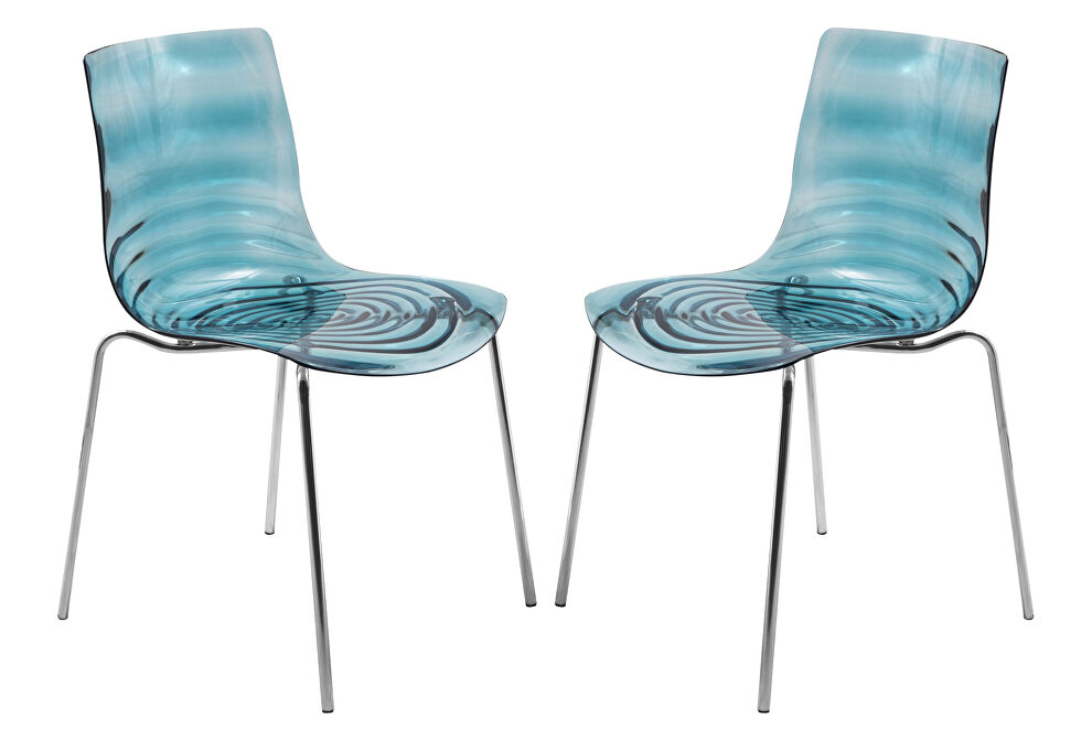 Transparent blue sturdy plastic material seat and chrome legs dining chair/ set of 2 by Leisure Mod