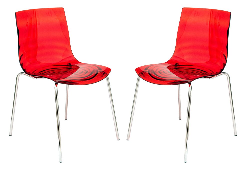 Transparent red sturdy plastic material seat and chrome legs dining chair/ set of 2 by Leisure Mod