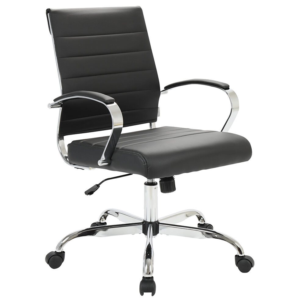 Black faux leather and polished steel frame swivel office chair by Leisure Mod