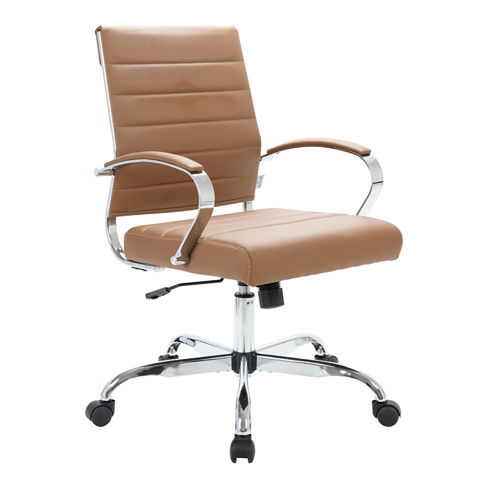 Brown faux leather and polished steel frame swivel office chair by Leisure Mod