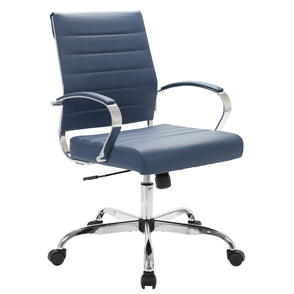 Navy blue faux leather and polished steel frame swivel office chair by Leisure Mod