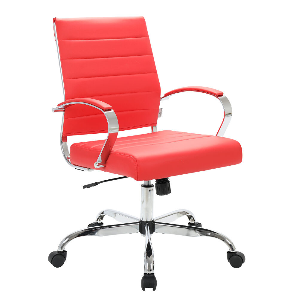Red faux leather and polished steel frame swivel office chair by Leisure Mod