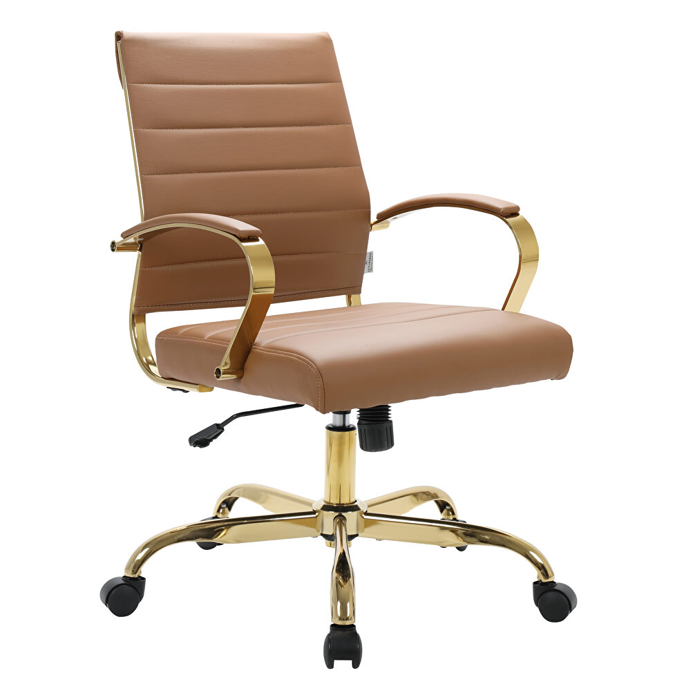 Brown faux leather and polished gold steel frame office chair by Leisure Mod
