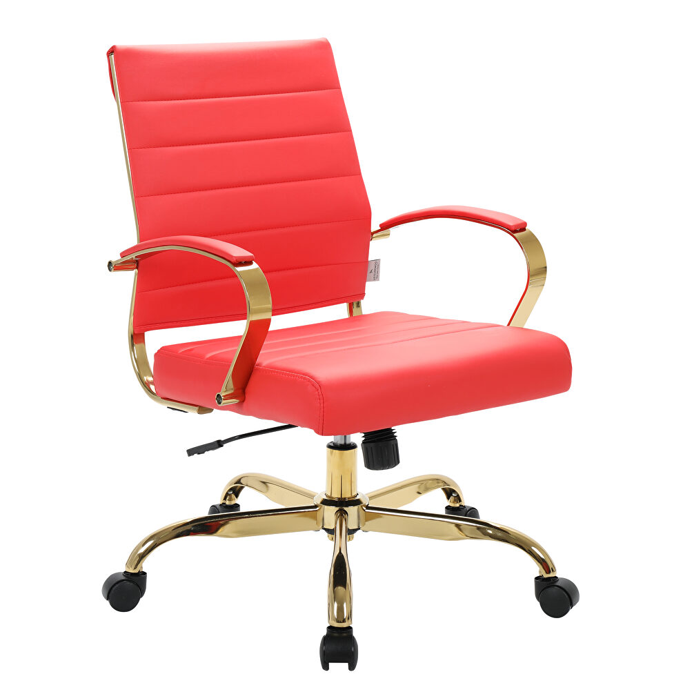 Red faux leather and polished gold steel frame office chair by Leisure Mod
