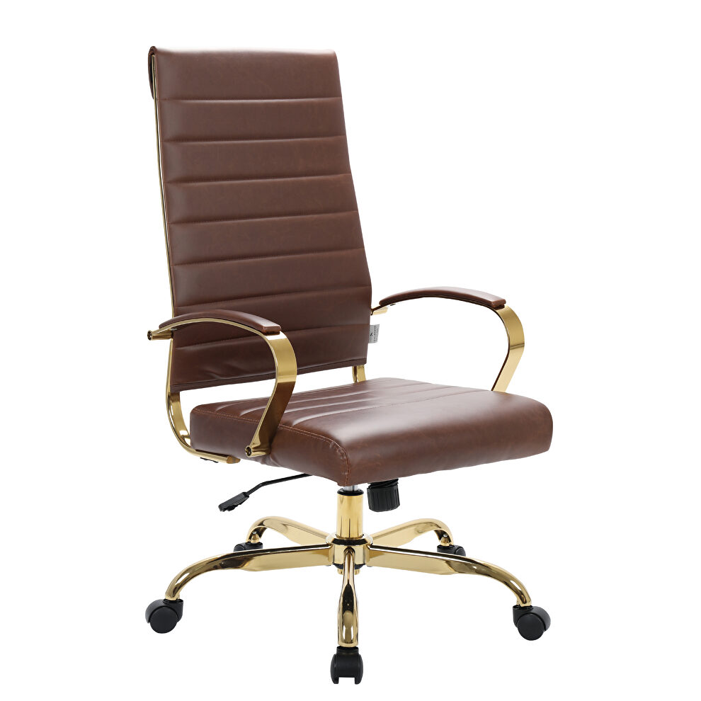 Brown faux leather and polished gold steel frame swivel office chair by Leisure Mod