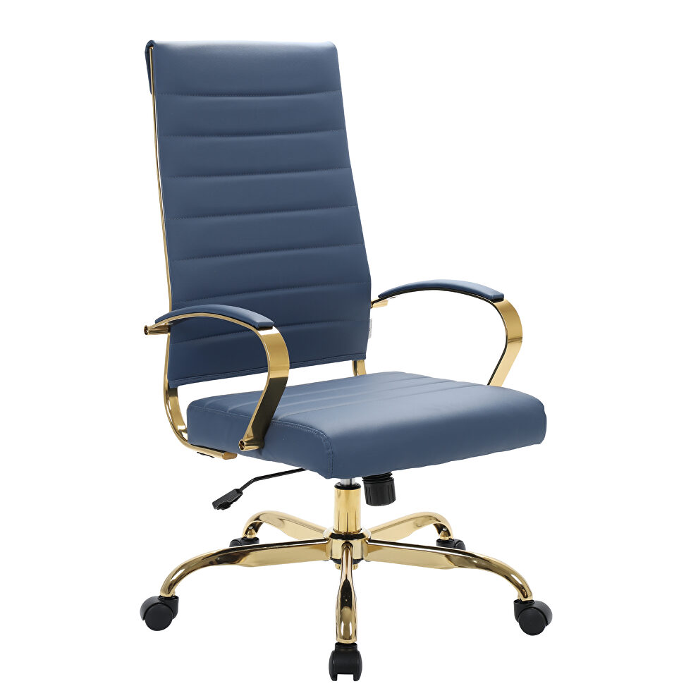 Navy blue faux leather and polished gold steel frame swivel office chair by Leisure Mod