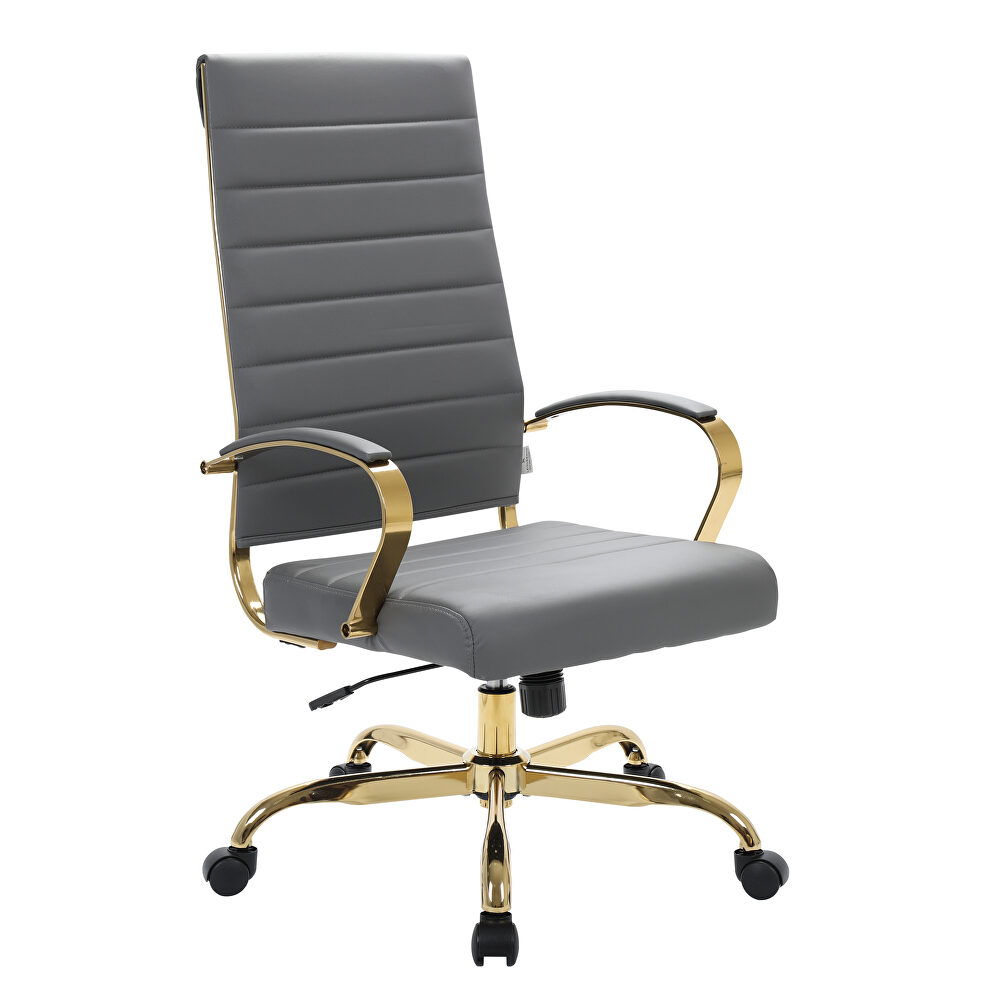 Gray faux leather and polished gold steel frame swivel office chair by Leisure Mod