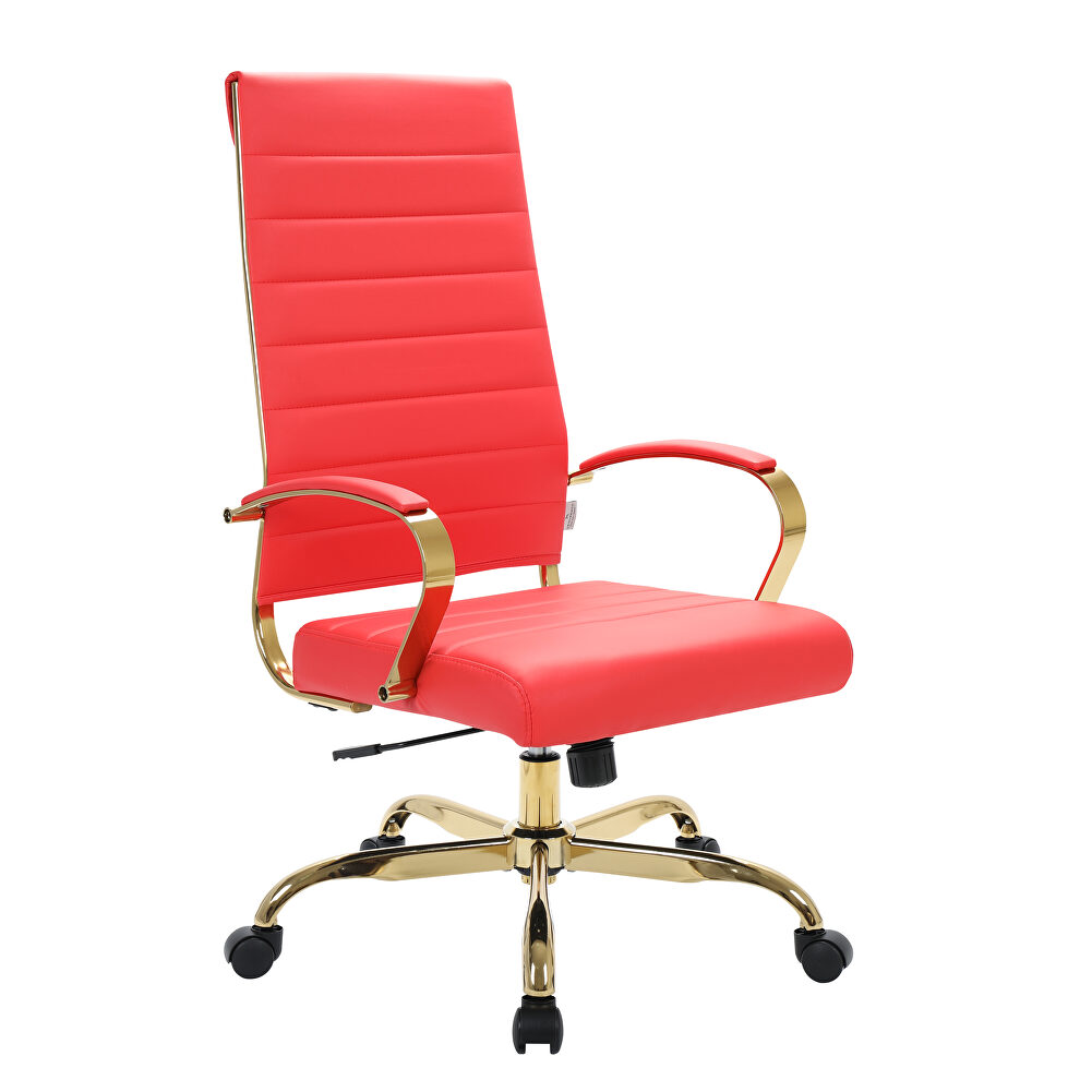 Red faux leather and polished gold steel frame swivel office chair by Leisure Mod