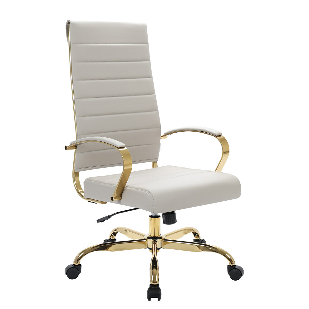 Tan faux leather and polished gold steel frame swivel office chair by Leisure Mod